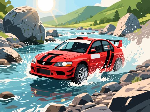Rally Car Racing Through Rocky Riverbed - 2D Vector Art