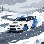 Rally Car Drifting on Snowy Track - 2D Vector Illustration