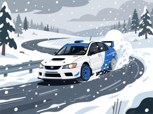 Rally Car Drifting on Snowy Track - 2D Vector Illustration
