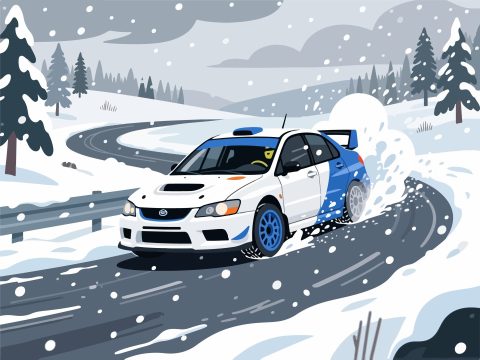 Rally Car Drifting on Snowy Track - 2D Vector Illustration