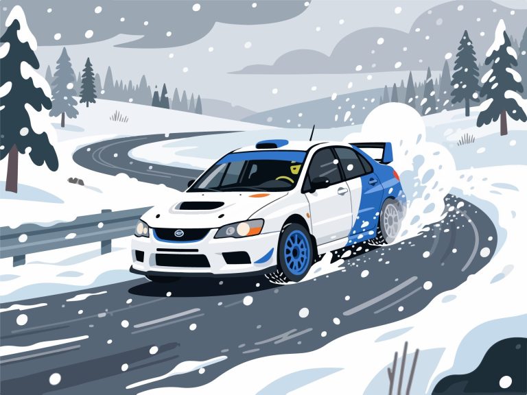 Rally Car Drifting on Snowy Track - 2D Vector Illustration