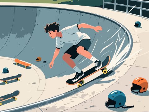 Skateboarder Riding in Skate Bowl - Flat 2D Vector Art