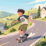 Skateboarder Cruising Down Hill in Suburban Neighborhood