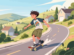 Skateboarder Cruising Down Hill in Suburban Neighborhood