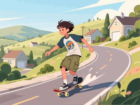 Skateboarder Cruising Down Hill in Suburban Neighborhood