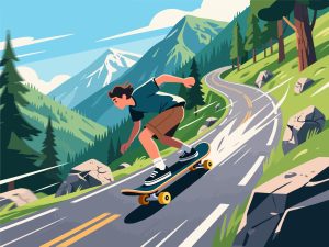 Skateboarder Downhill Ride in Mountain Pass - 2D Vector