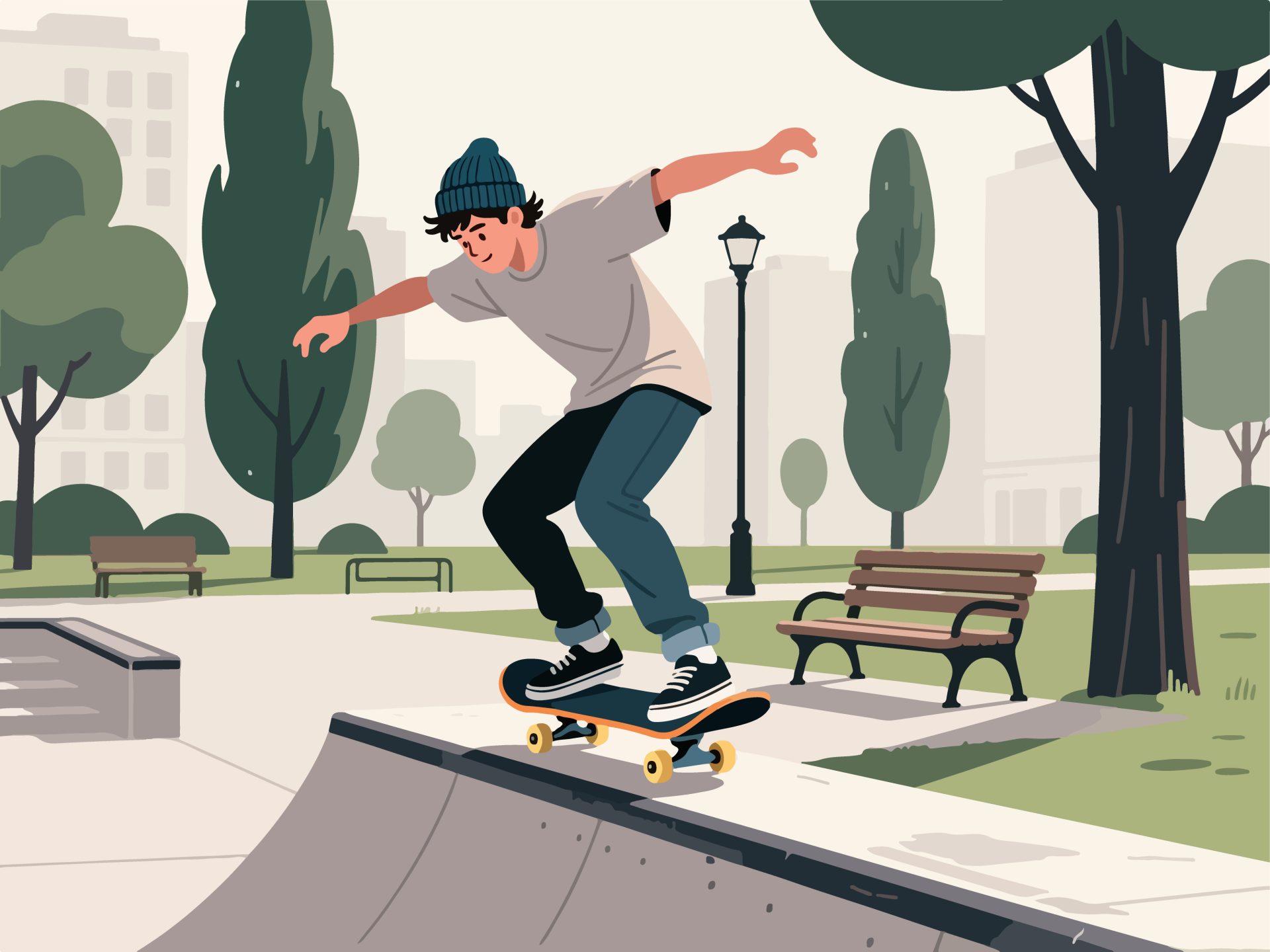 Skateboarder Grinding Ledge in Urban Park - 2D Vector