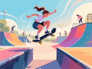 Skateboarder Jumping Over Gap at Skatepark - 2D Vector