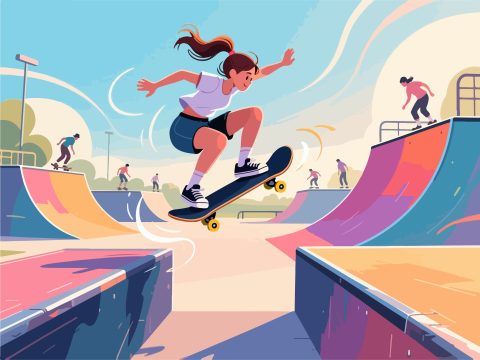 Skateboarder Jumping Over Gap at Skatepark - 2D Vector