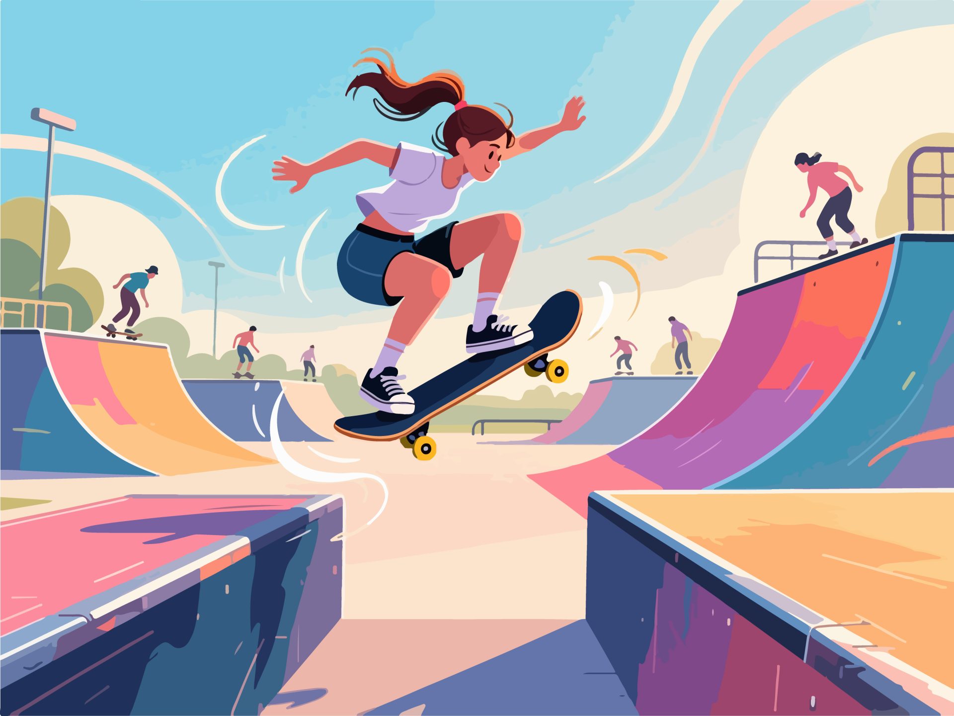 Skateboarder Jumping Over Gap at Skatepark - 2D Vector