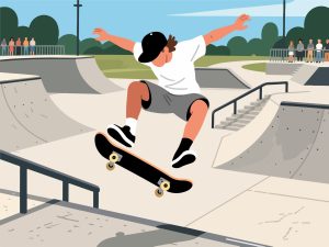 Skateboarder Performing Kickflip at Skatepark - 2D Vector