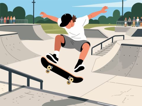 Skateboarder Performing Kickflip at Skatepark - 2D Vector