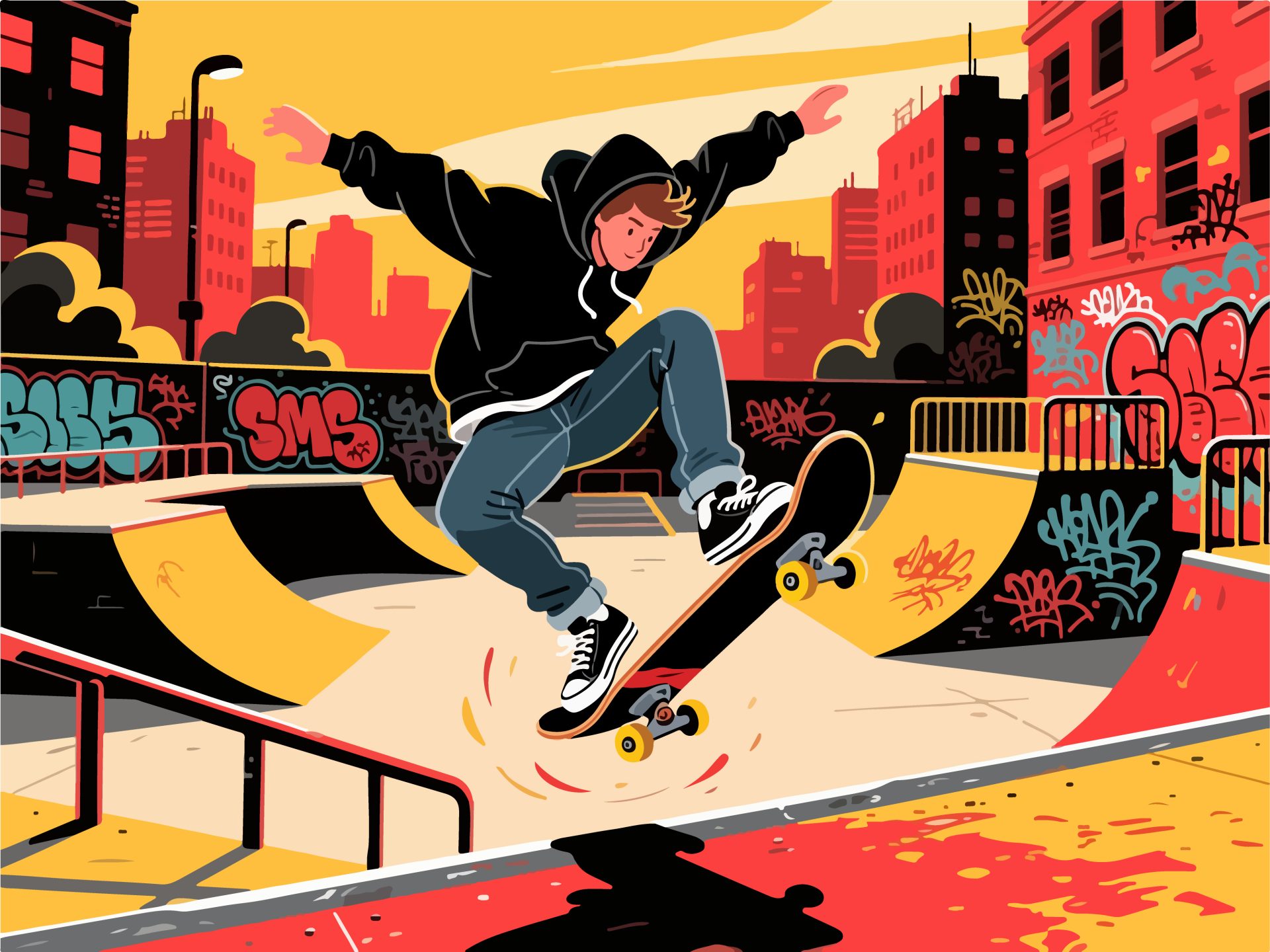 Skateboarder Performing Trick in Skate Park - 2D Vector