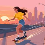 Skateboarder Riding on Sidewalk at Sunset - Flat Vector