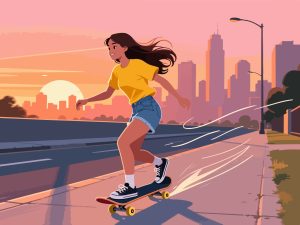 Skateboarder Riding on Sidewalk at Sunset - Flat Vector