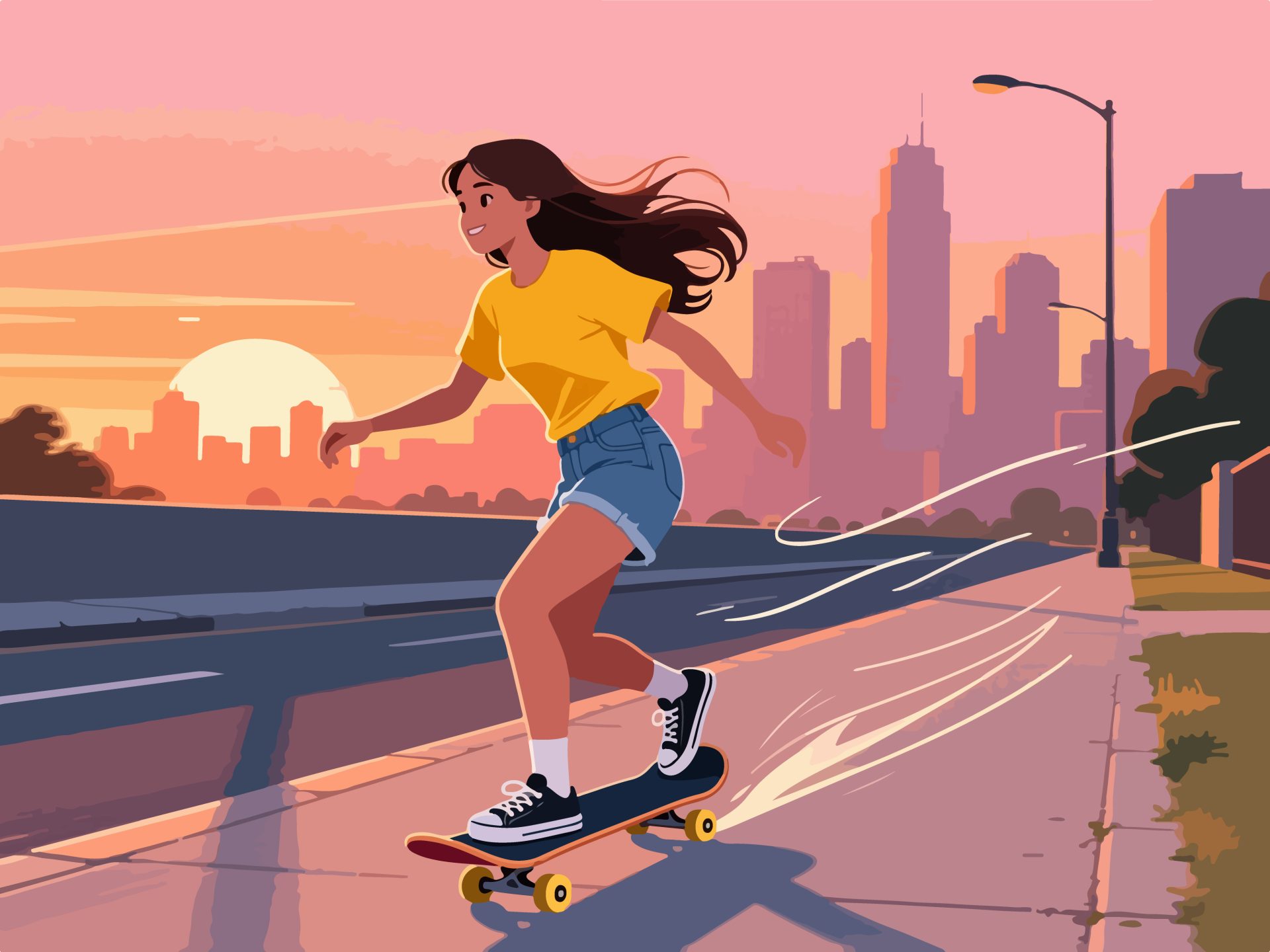 Skateboarder Riding on Sidewalk at Sunset - Flat Vector
