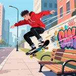 Skateboarder Ollie in Urban Setting - Flat Vector Design