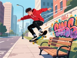 Skateboarder Ollie in Urban Setting - Flat Vector Design