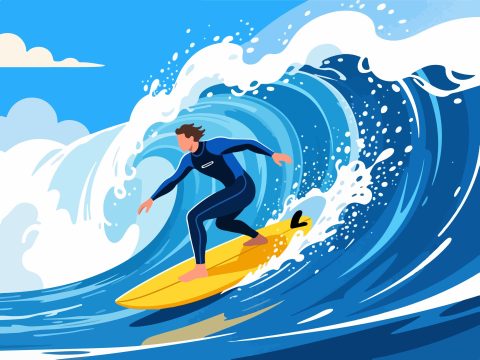 Surfer Catching the Perfect Wave - Flat 2D Vector Art
