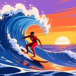 Surfer Riding a Wave at Sunset - Flat 2D Vector Design