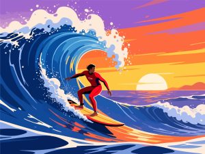 Surfer Riding a Wave at Sunset - Flat 2D Vector Design