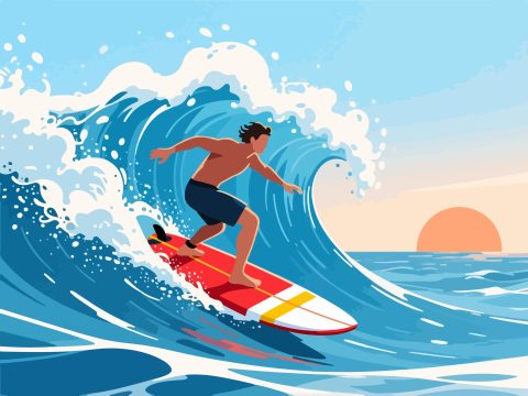 Surfer Riding Wave - 2D Vector Flat Design Illustration