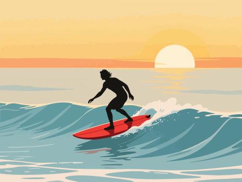 Surfer Enjoying Wave at Sunrise - Flat 2D Vector Art