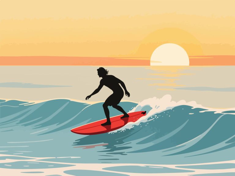 Surfer Enjoying Wave at Sunrise - Flat 2D Vector Art