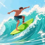 Surfer Performing Trick on Wave - Flat 2D Vector Art