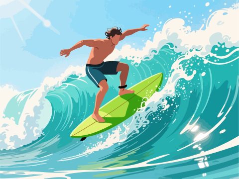 Surfer Performing Trick on Wave - Flat 2D Vector Art