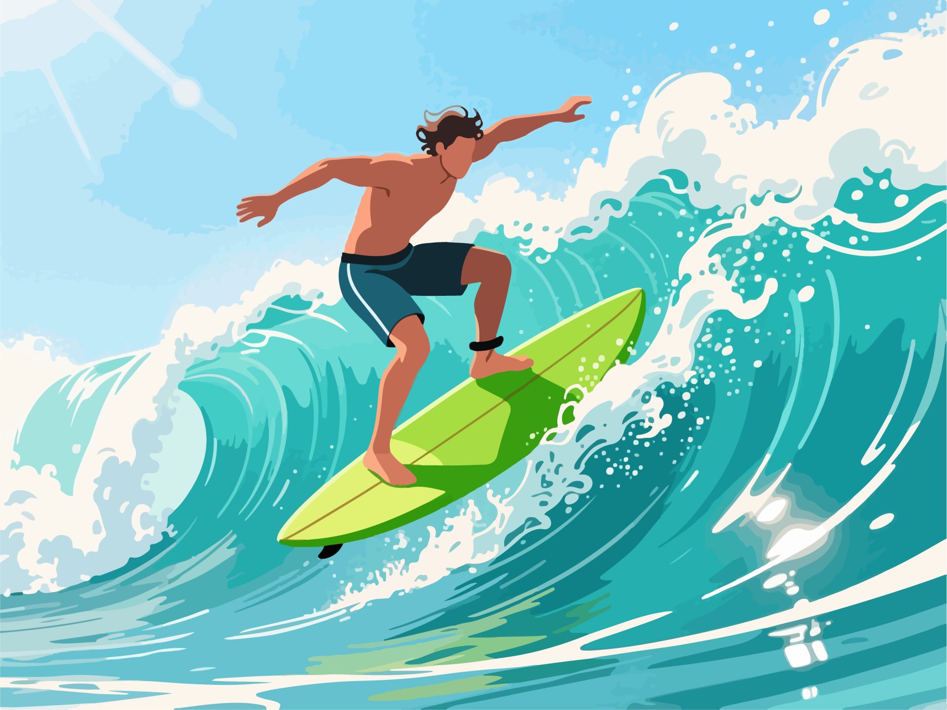 Surfer Performing Trick on Wave - Flat 2D Vector Art