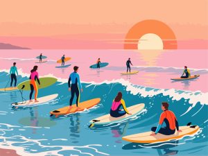 Surfers Waiting for the Perfect Wave - Flat 2D Vector Art