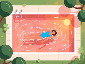 Swimmer Enjoying Outdoor Pool at Sunset - 2D Vector