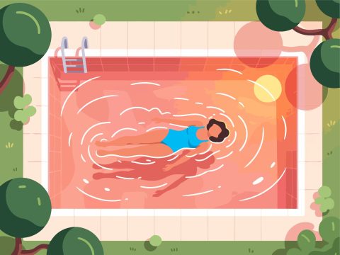 Swimmer Enjoying Outdoor Pool at Sunset - 2D Vector