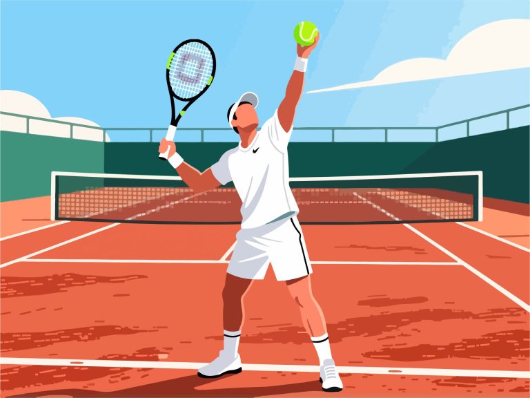 Tennis Player Preparing to Serve on Clay Court - 2D Vector