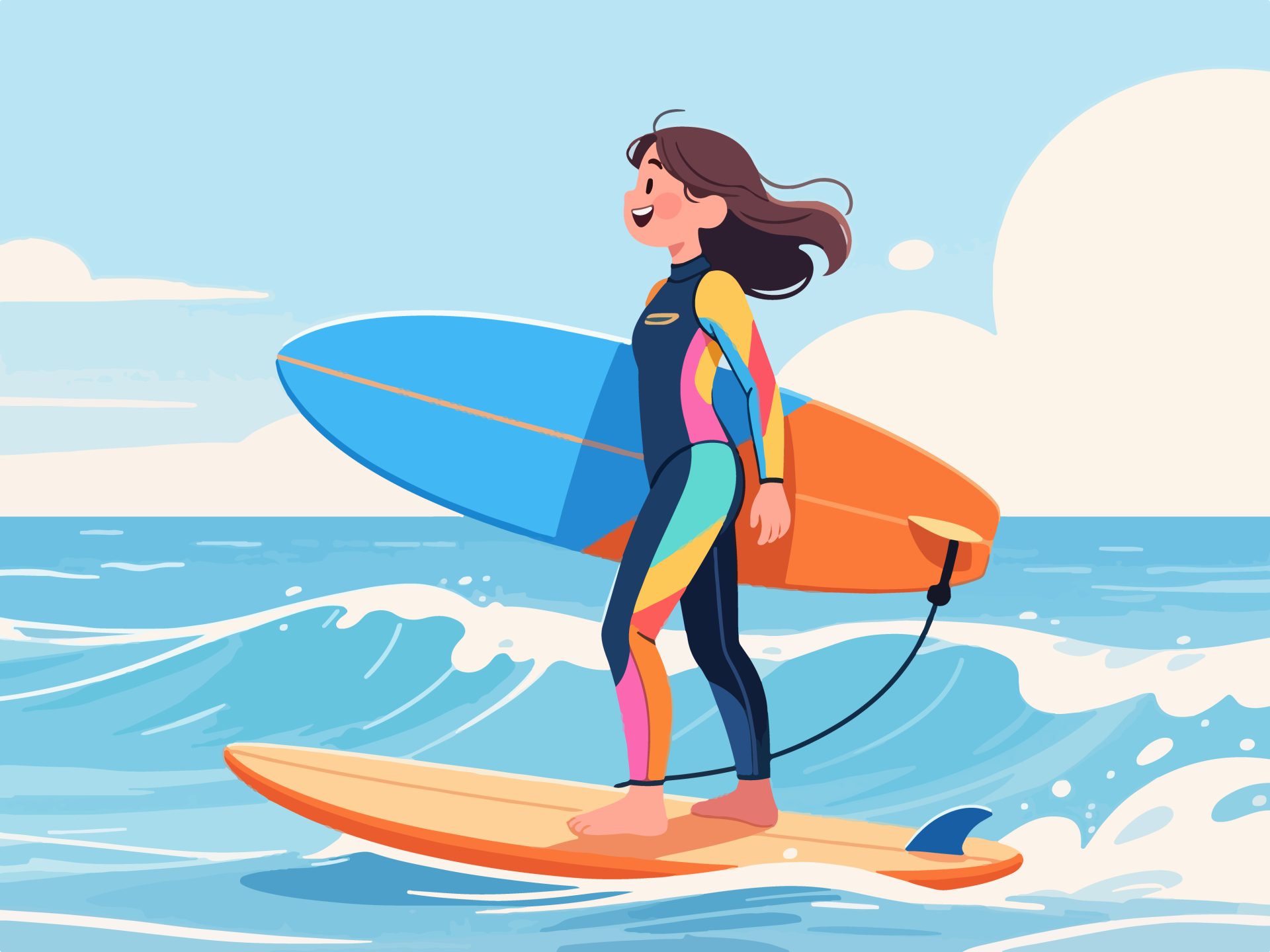 Young Surfer Girl on Surfboard - Flat 2D Vector Design
